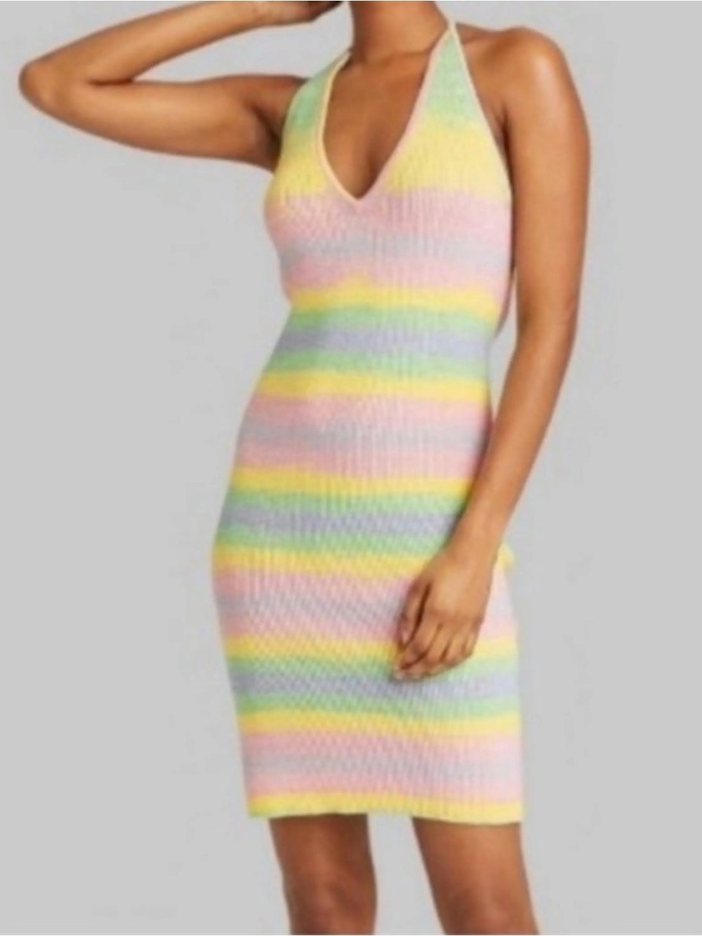 🌸🩵🐣Pastel Striped Halter Knit Dress